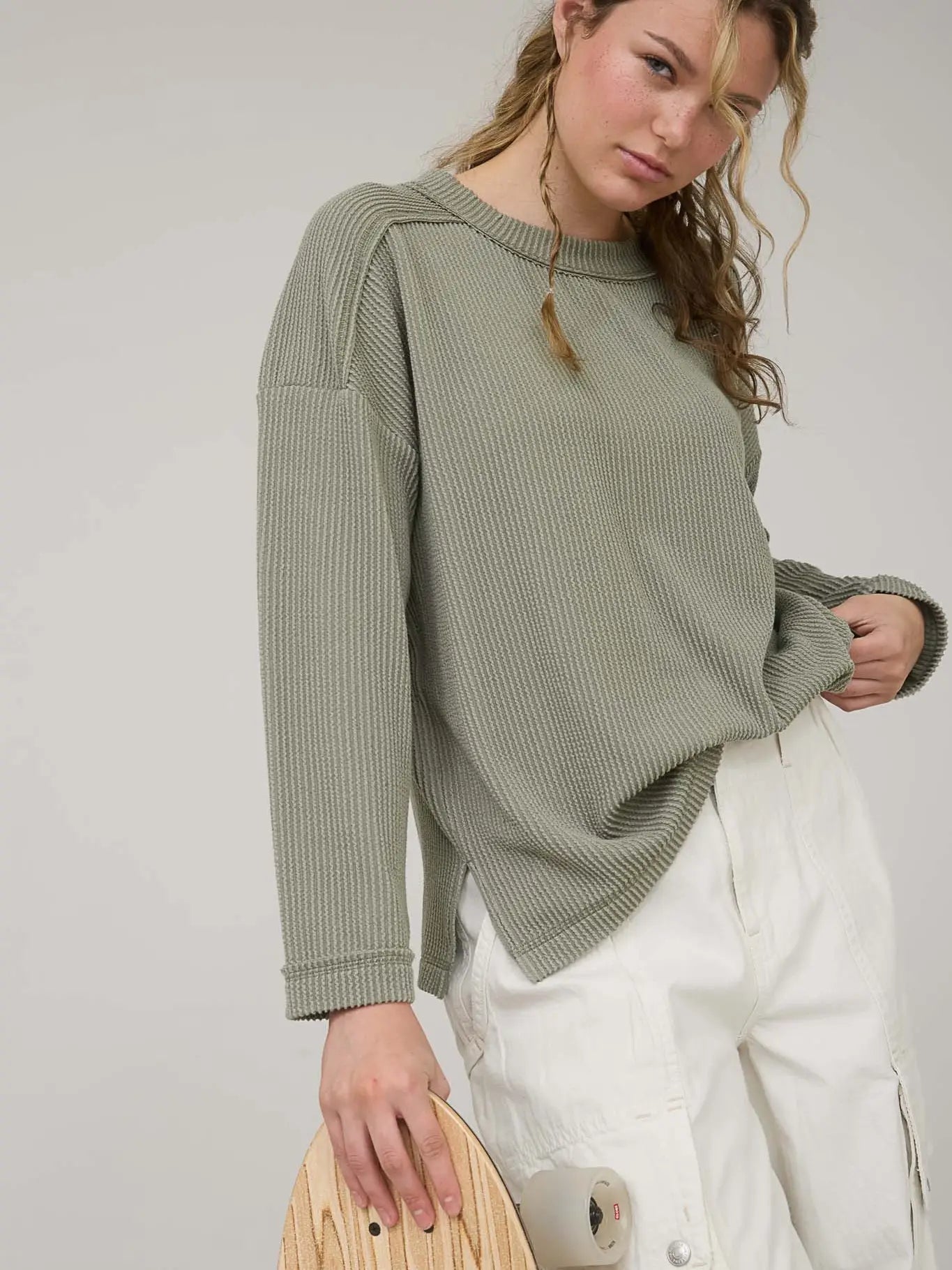 Crew Neck Ribbed Long Sleeve Knit Top