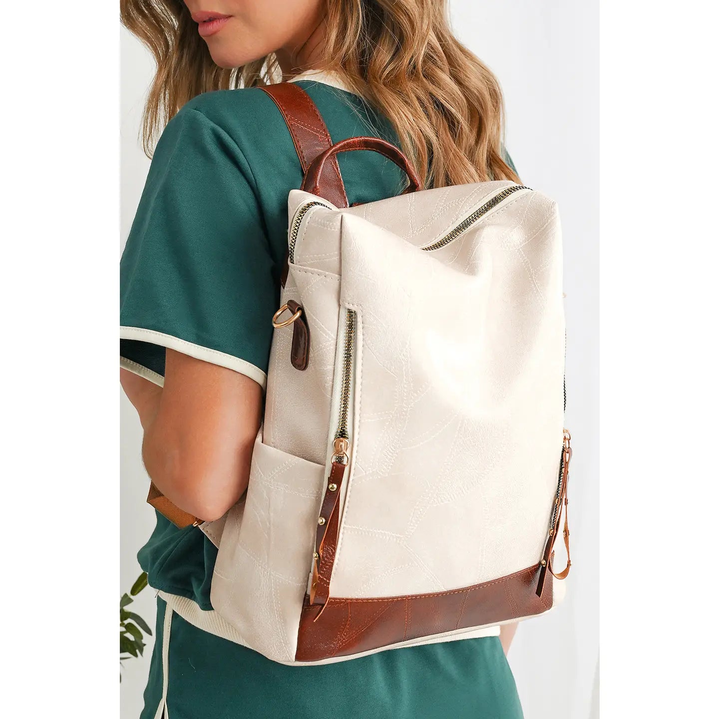 Colorblock Zipper Pu Leather Large Capacity Backpack