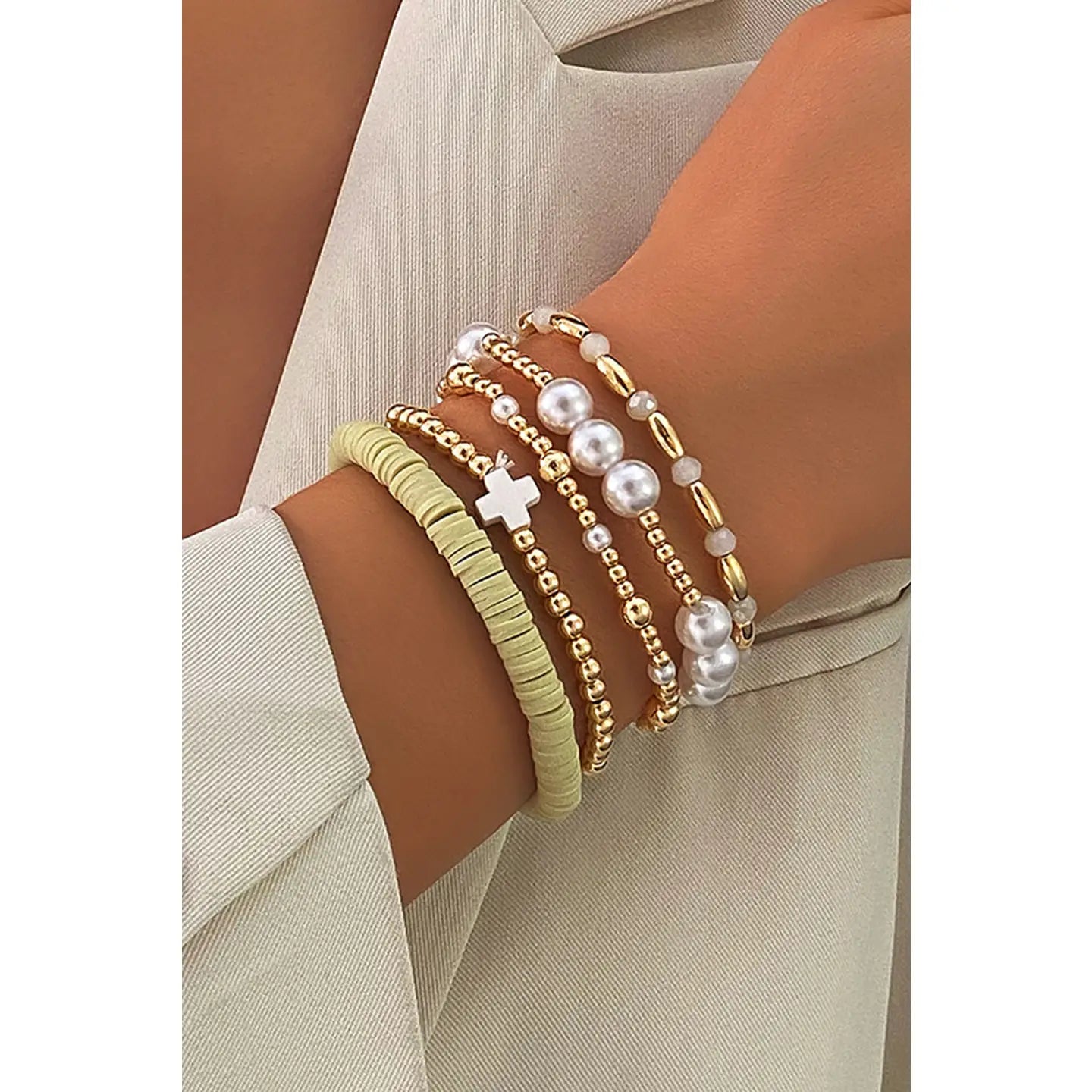 Plated Beading Pearl Detail 5pcs Elastic Bracelet Set