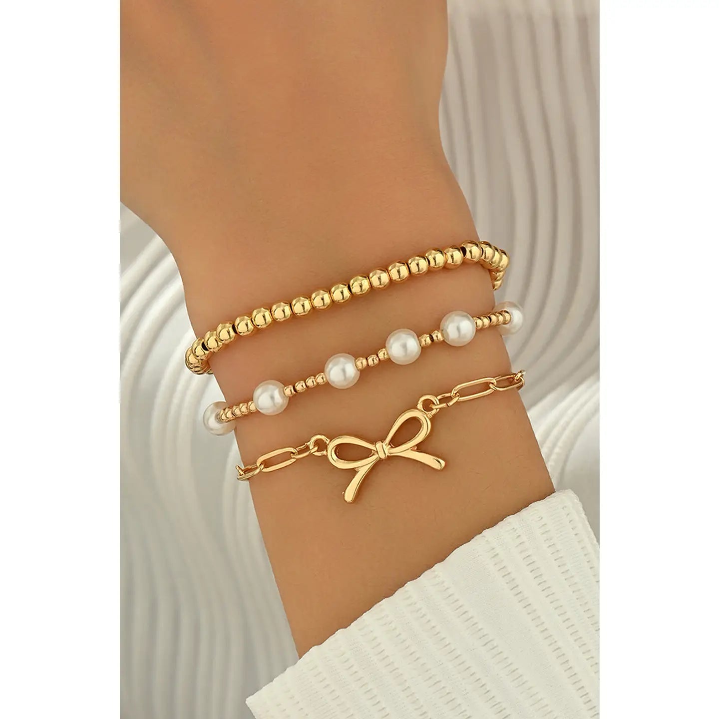 Bow Chain Link Pearl Beaded Multi Layer Bracelet