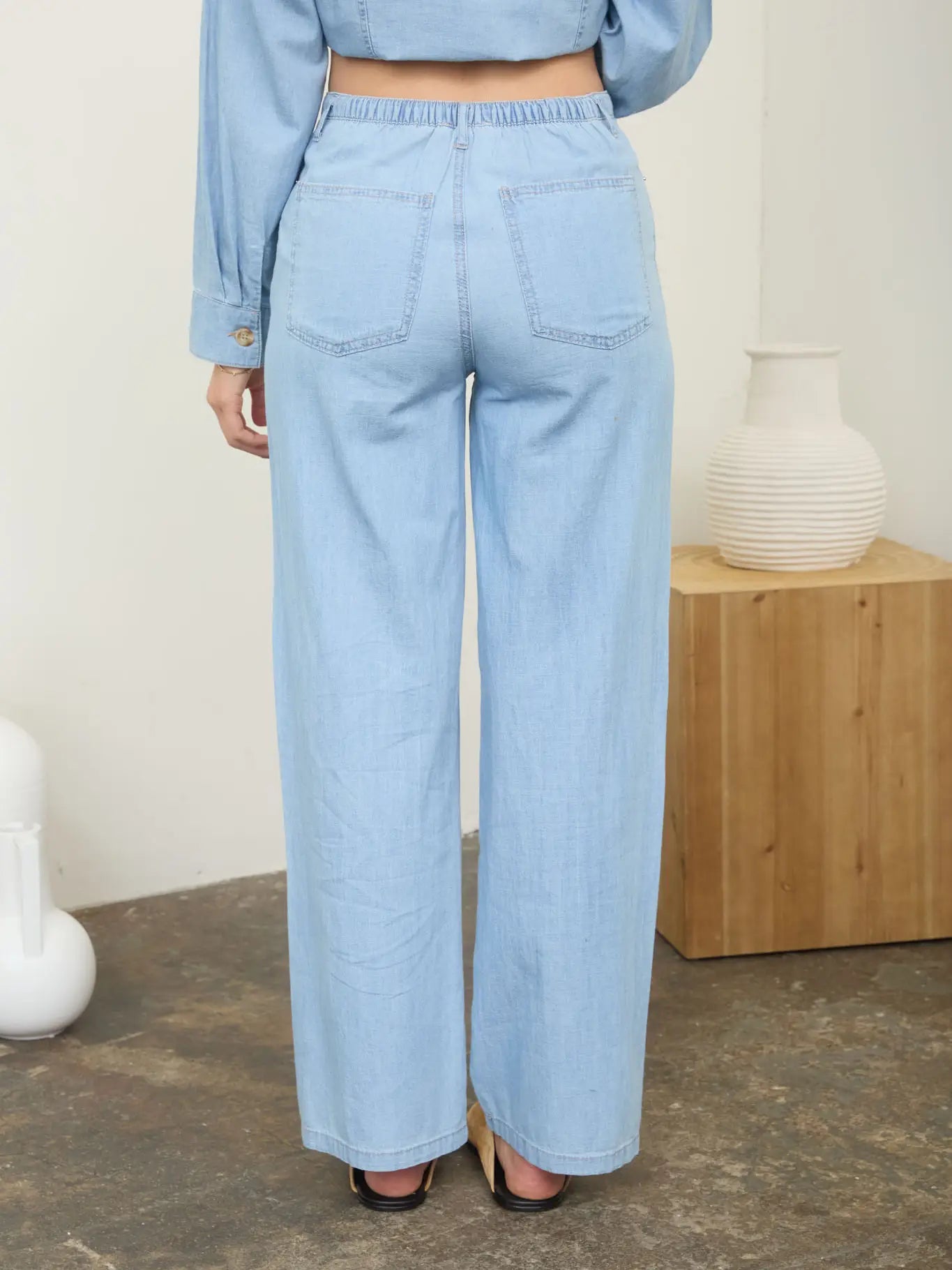 Washed Denim Front Tie Wide Leg Pants