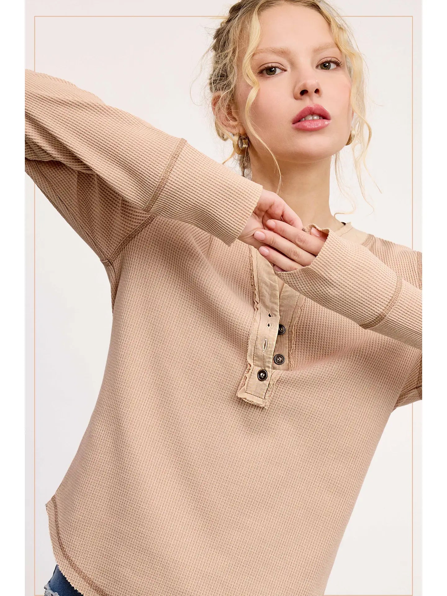 Waffle Long Sleeve Button Front Henley Thermal Top