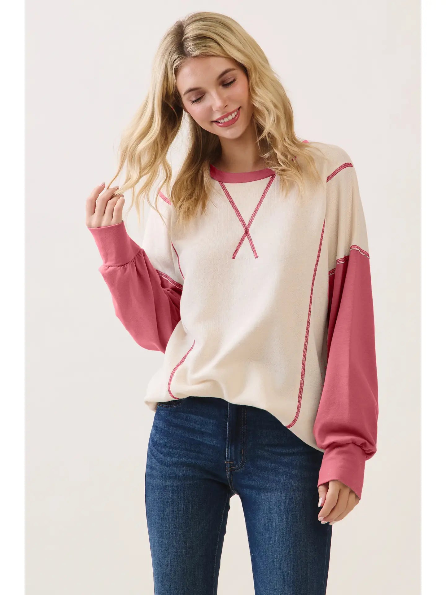 Cozy Color Block Contrast Stitch Top