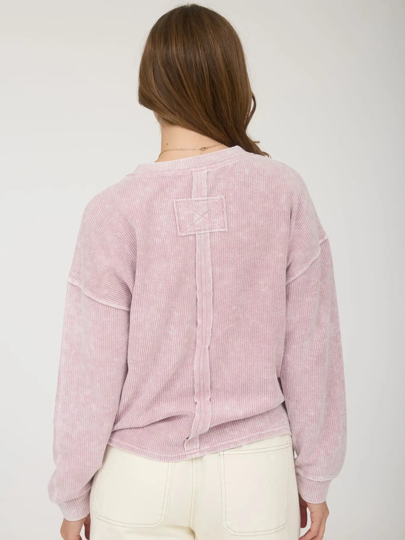 Washed Pocket Detail Long Sleeve Rib Knit Top