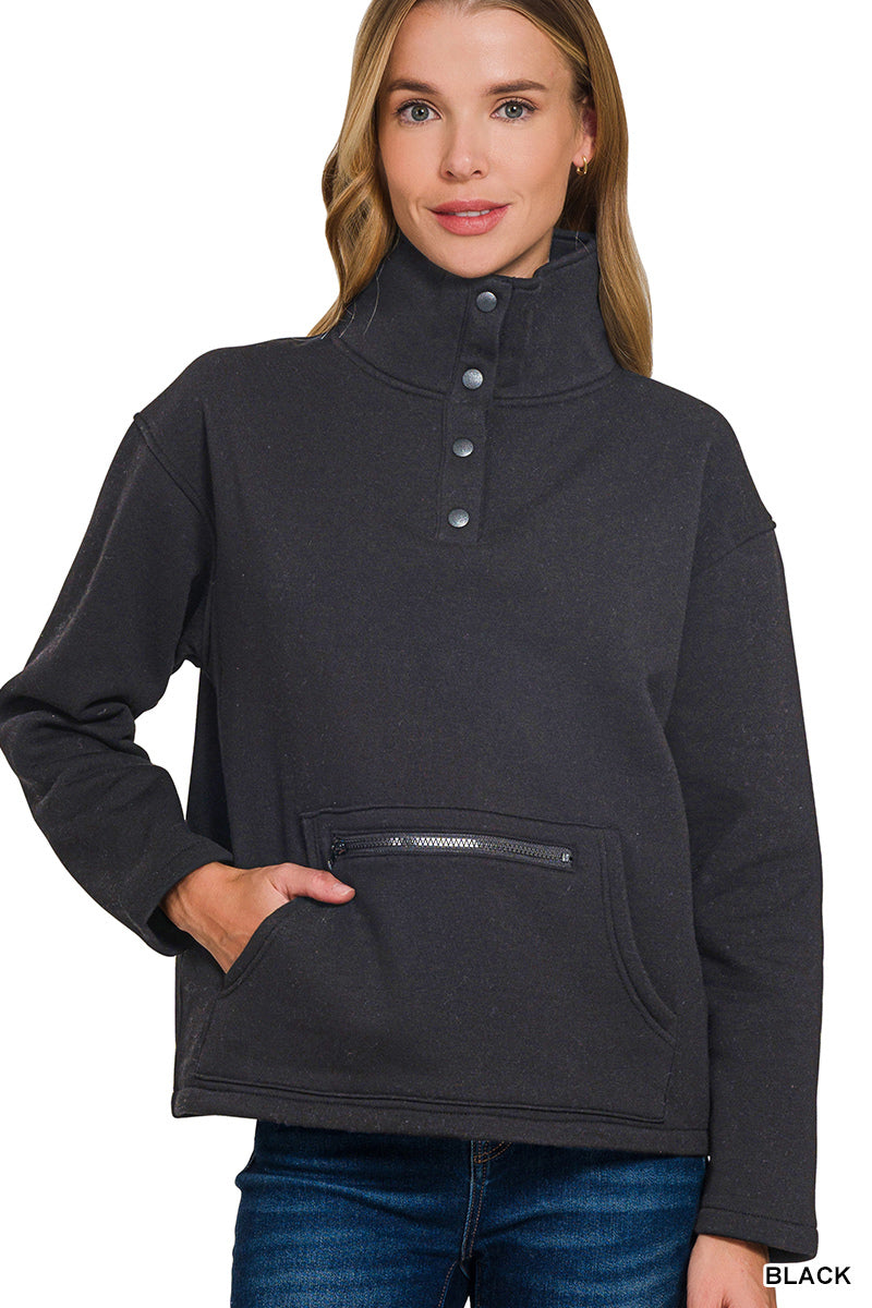 Fleece high neck half snap button front sweatshirt