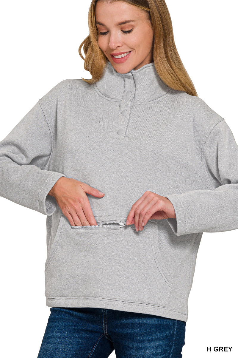 Fleece high neck half snap button front sweatshirt