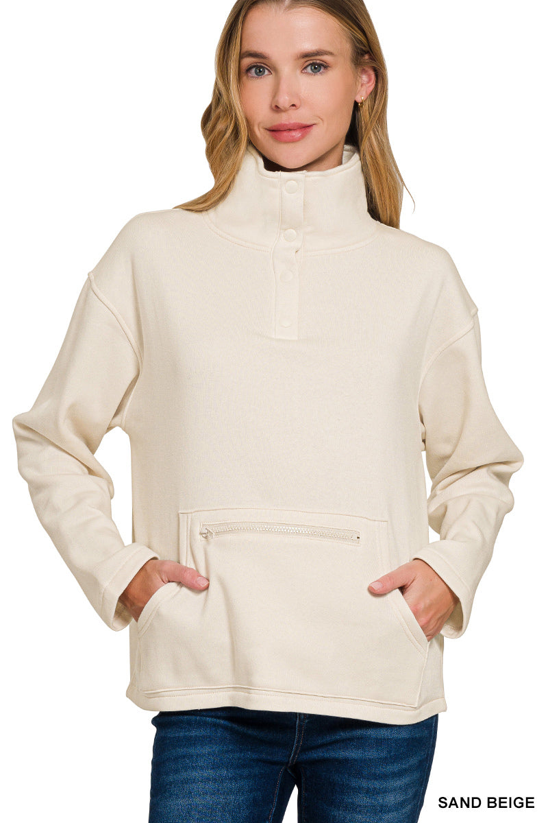 Fleece high neck half snap button front sweatshirt