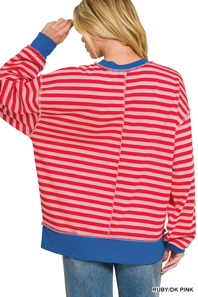 French terry striped long sleeve pullover