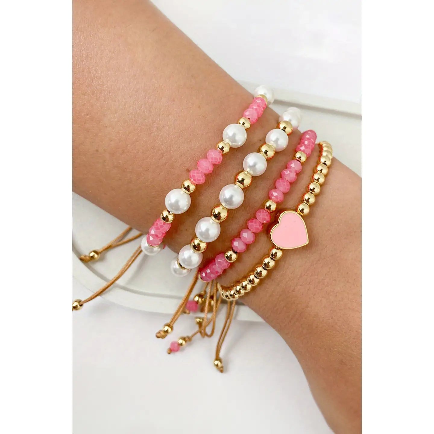 Valentines Golden Beads Adjustable String 4pcs Bracelet Set