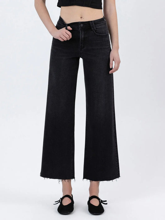 High Rise Raw Hem Ankle Wide Jeans