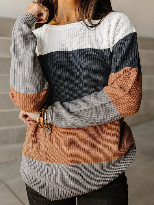 Chestnut Color Block Knitted O-Neck Pullover Sweater