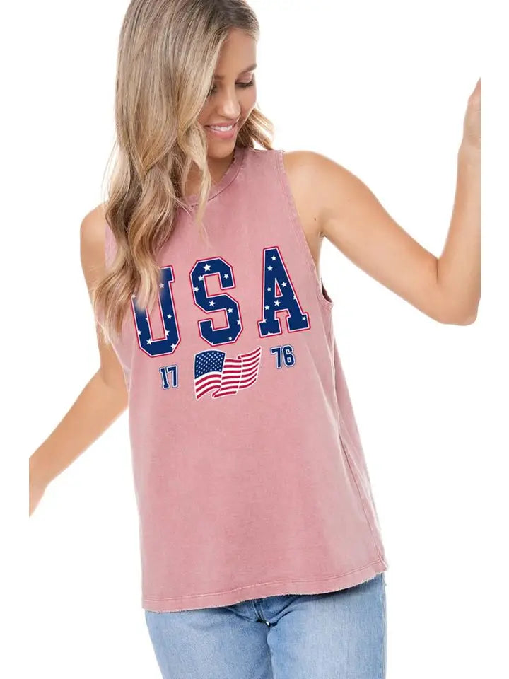 USA 1776 4Th of July Graphic S/L Washed Tank