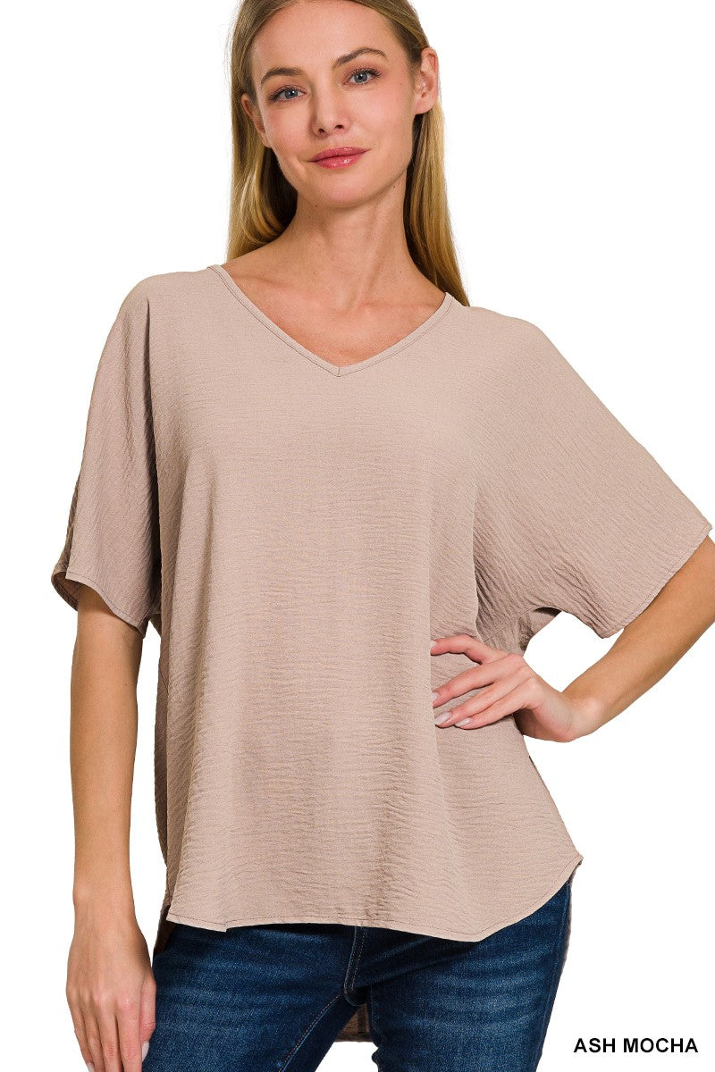 WOVEN AIRFLOW V-NECK SHORT SLEEVE TOP