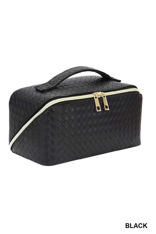 WOVEN VEGAN LEATHER COSMETIC MAKEUP TRAVEL BAG