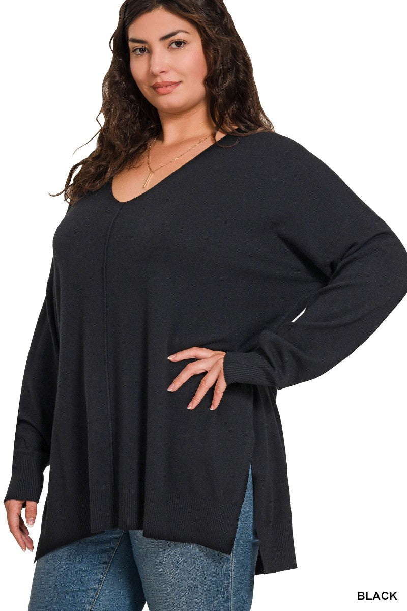 ANNABELL HI-LOW HEM V-NECK CENTER SEAM SWEATER