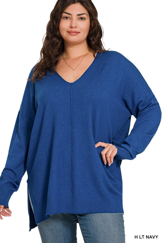 ANNABELL HI-LOW HEM V-NECK CENTER SEAM SWEATER