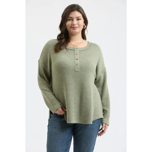 Plus Waffle Knit Henley Long Sleeve Knit Top