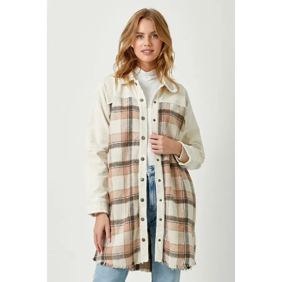 Fringe Edge Plaid Long Jacket