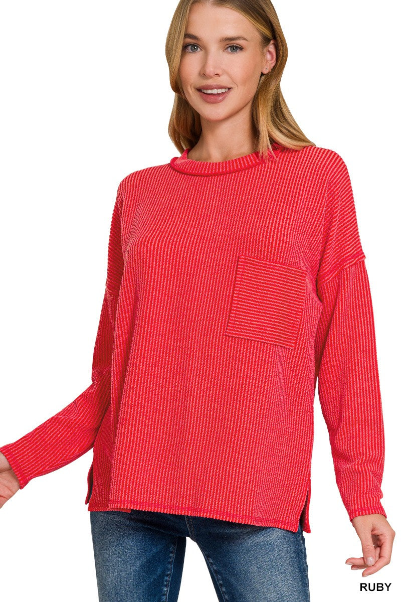 CANDIES AND COCKTAILS CORDED RIB LONG SLEEVE DROP SHOULDER TOP