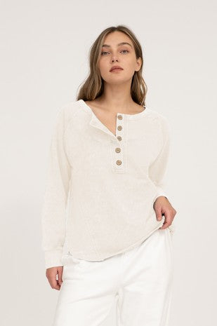 Washed Henley Raglan Long Sleeve Knit Top
