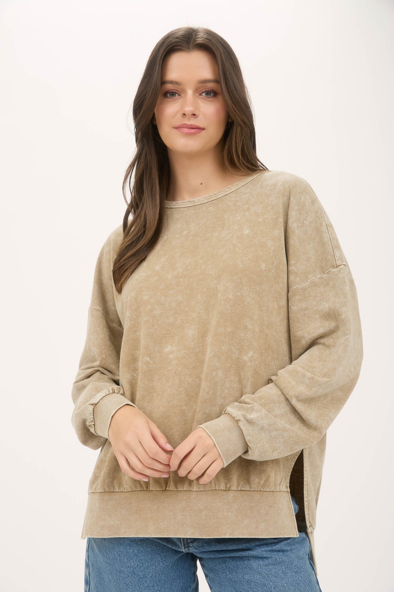 Washed Side Split Long Sleeve Knit Top