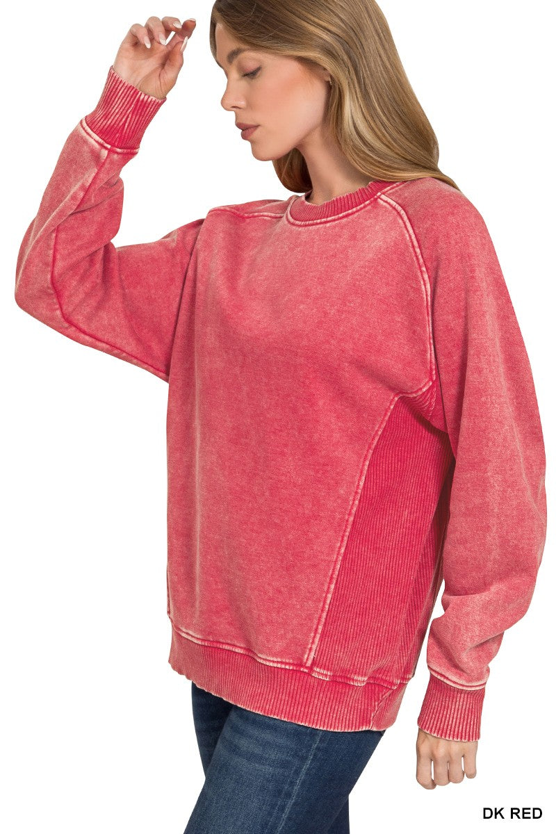 Acid washed fleece sweatshirts side rib- multiple colors