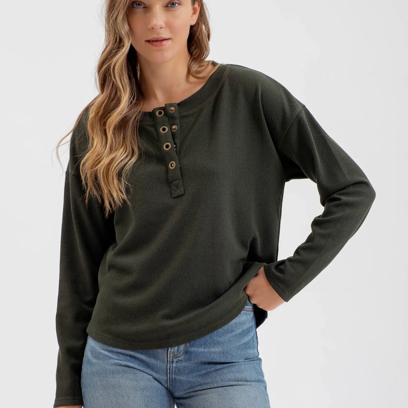 Half Button Down Long Sleeve Henley Knit Top