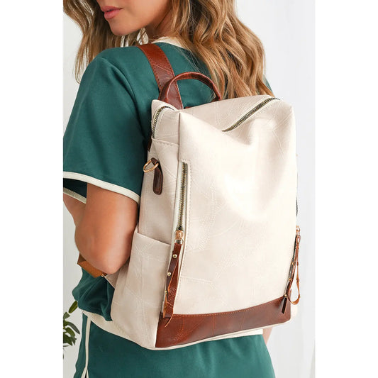Colorblock Zipper Pu Leather Large Capacity Backpack