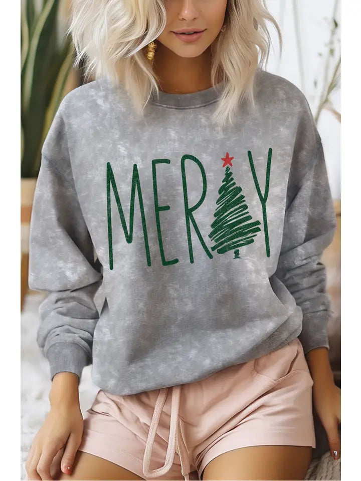 Merry Christmas Tree Mineral Graphic Brushed Sweatshirts