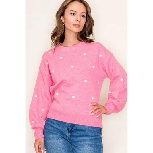 Heart Embroidered Crew Neck Long Sleeve Pullover