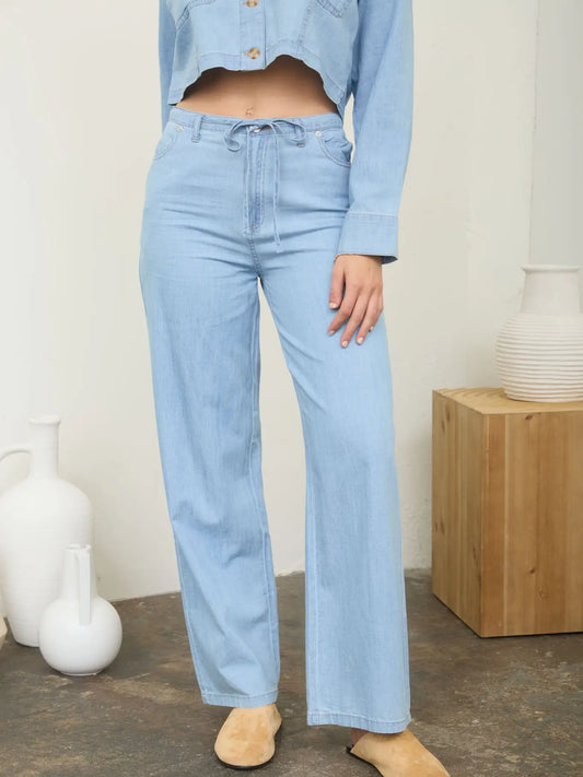 Washed Denim Front Tie Wide Leg Pants