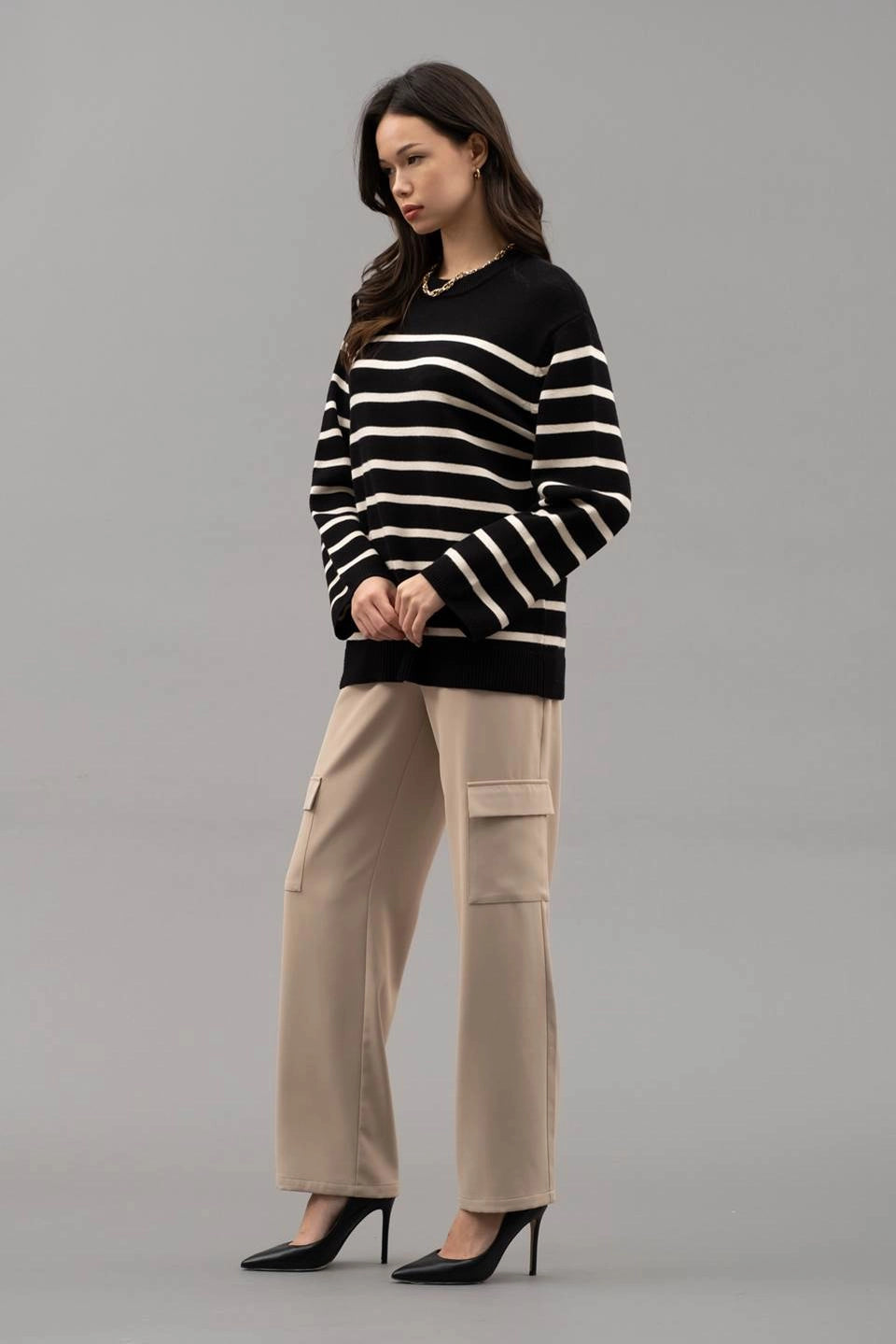 Drop Shoulder Striped Knit Sweater