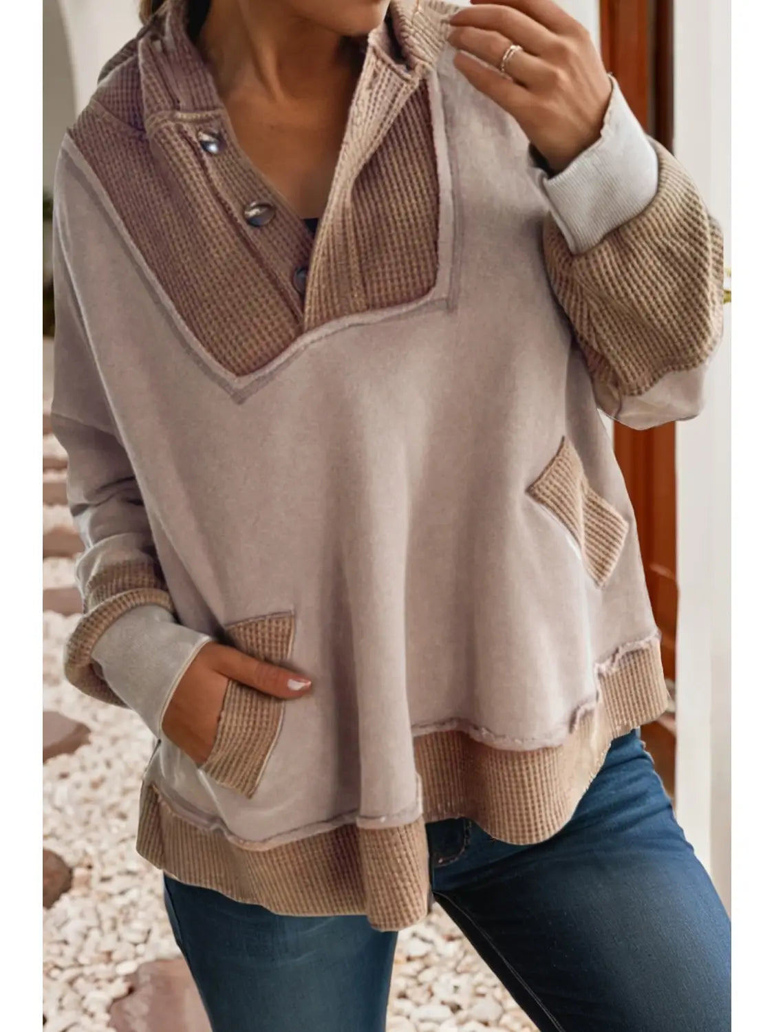 Oversize Waffle Patchwork Exposed Seam Hoodie