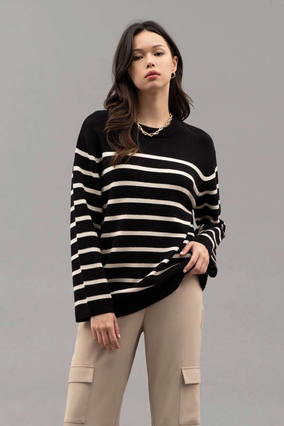 Drop Shoulder Striped Knit Sweater