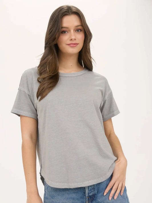 Exposed Seam Raw Edge Short Sleeve Knit Top