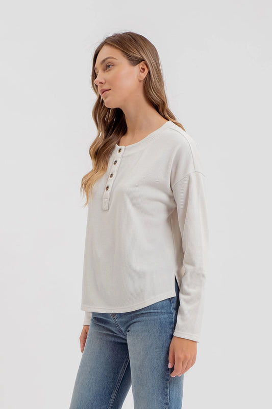 Half Button Down Long Sleeve Henley Knit Top