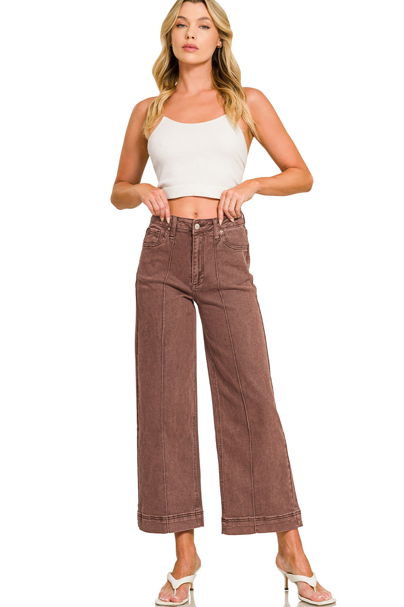 High rise wide leg pintuck color Denim Pants