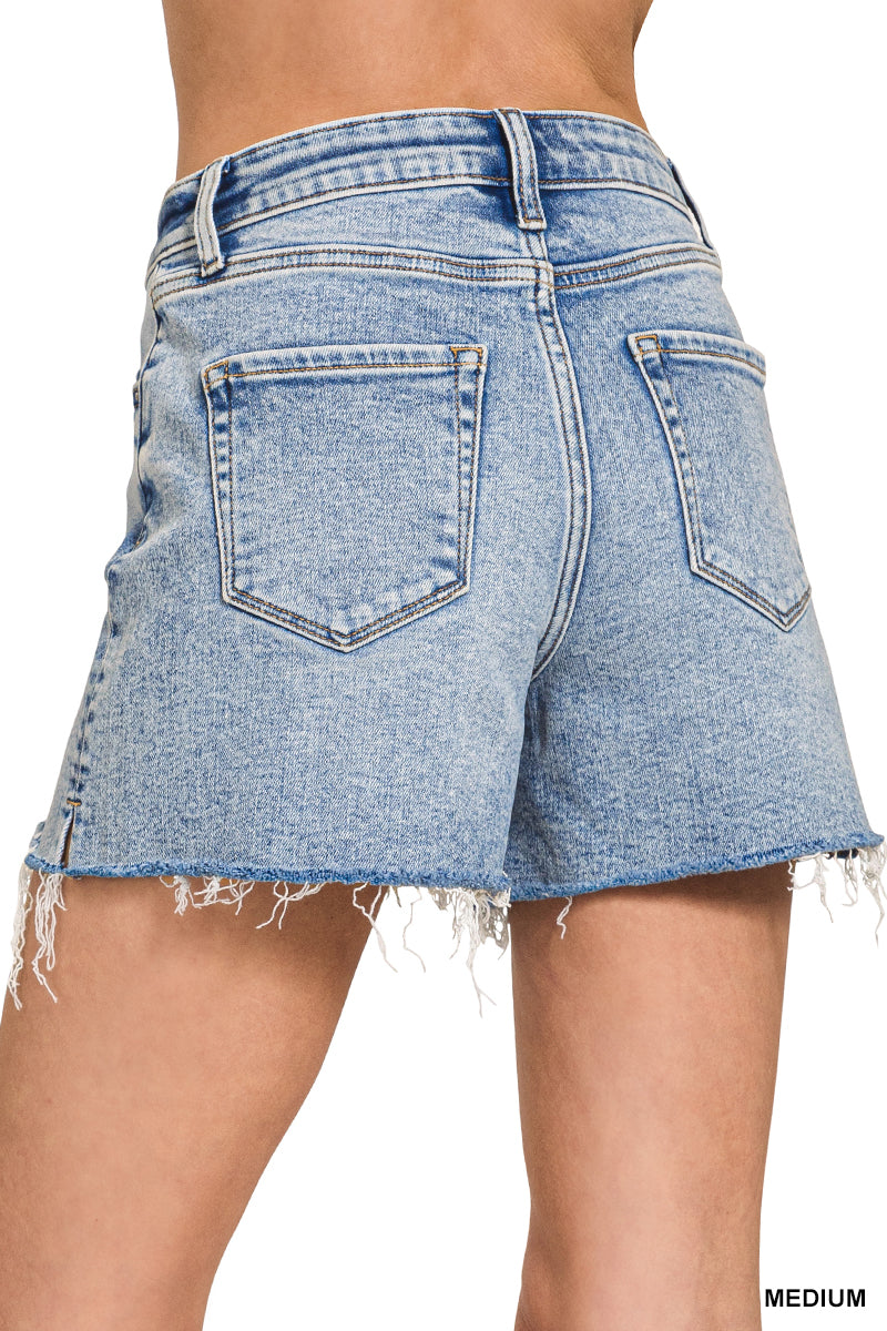 Distressed hem denim shorts