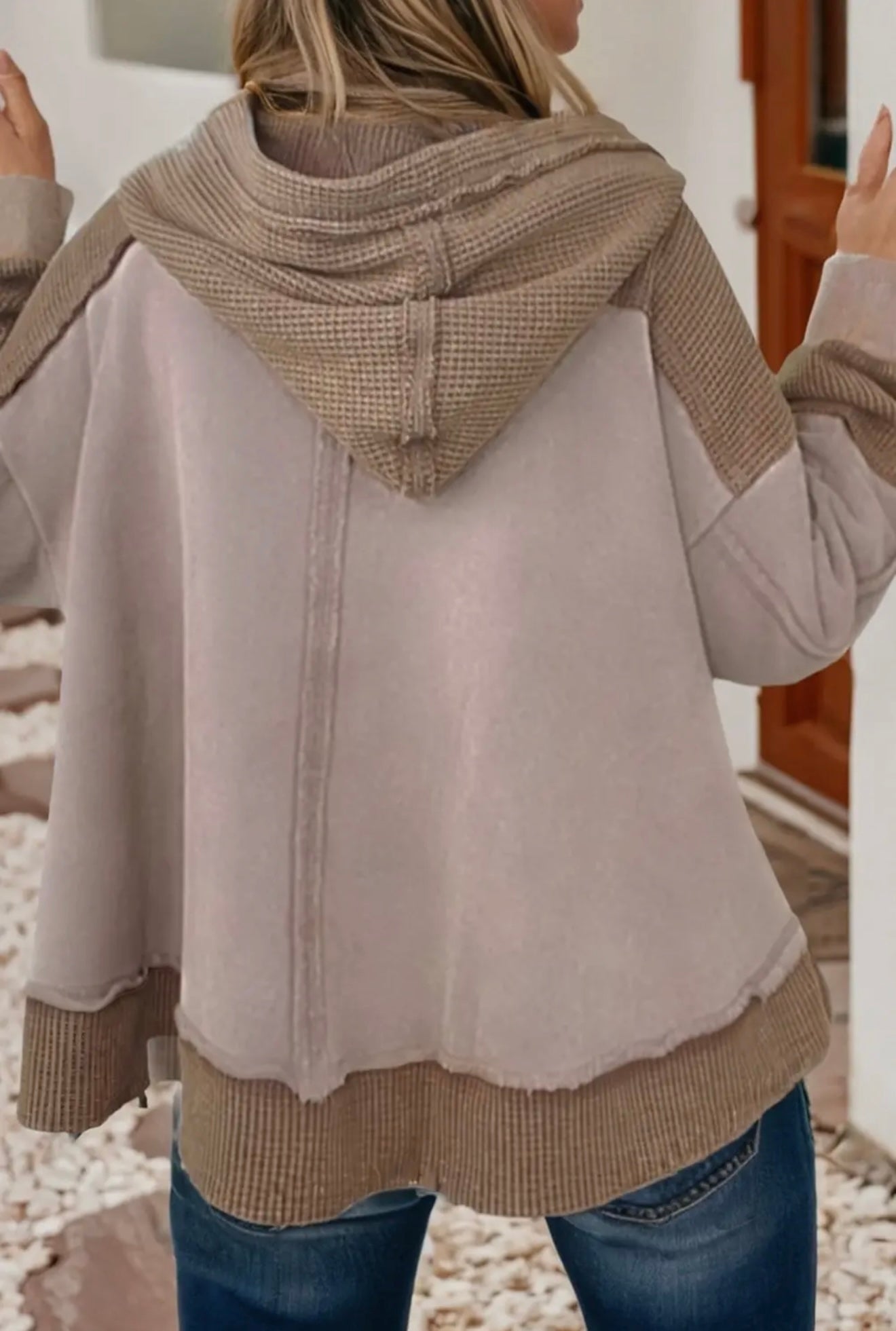 Oversize Waffle Patchwork Exposed Seam Hoodie