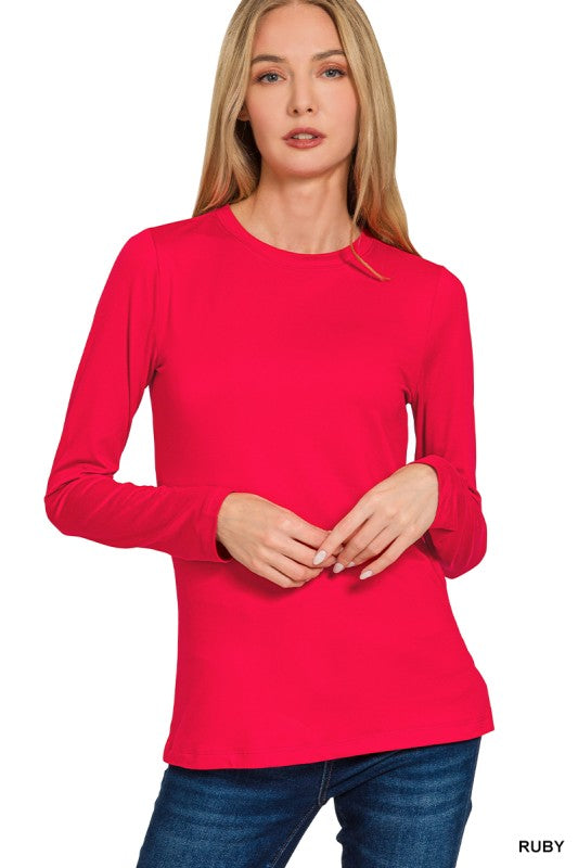 ALYSSA BRUSHED MICROFIBER LONG SLEEVE ROUND NECK TEE- Multiple colors Small -3x