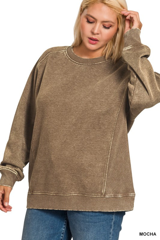 Acid washed fleece sweatshirts side rib- multiple colors