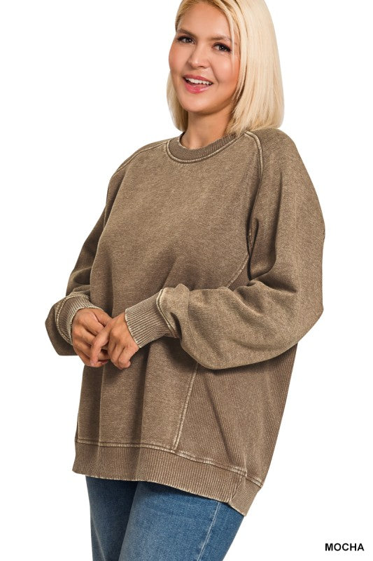 Acid washed fleece sweatshirts side rib- multiple colors