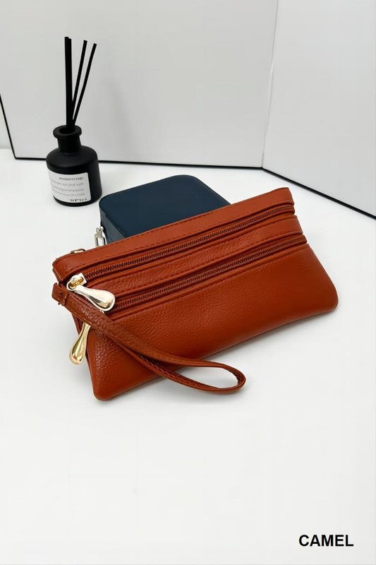 Vegan Leather Triple Zip Wrist Wallet Clutch Purse-Multiple colors