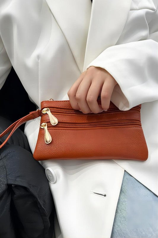 Vegan Leather Triple Zip Wrist Wallet Clutch Purse-Multiple colors