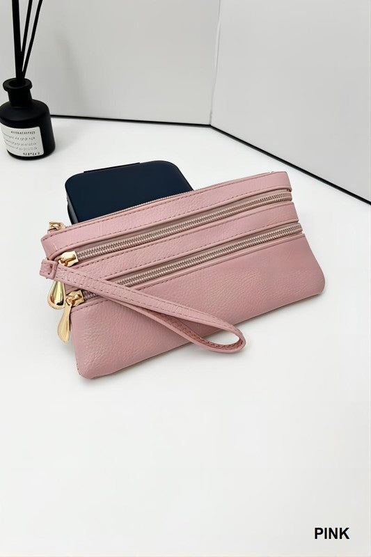 Vegan Leather Triple Zip Wrist Wallet Clutch Purse-Multiple colors