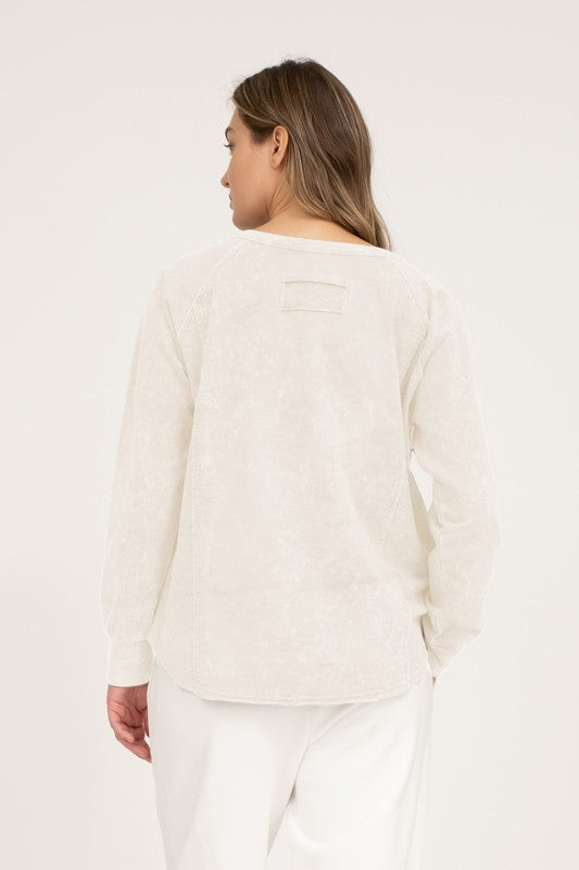 Washed Henley Raglan Long Sleeve Knit Top