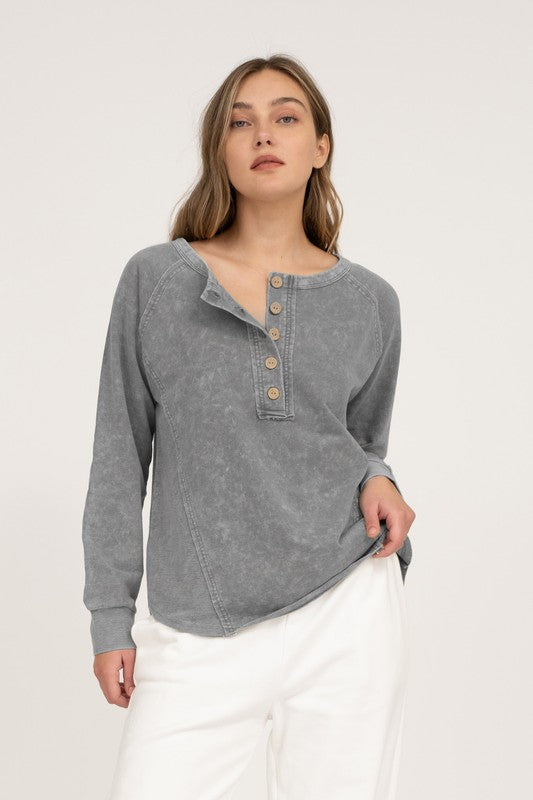Washed Henley Raglan Long Sleeve Knit Top