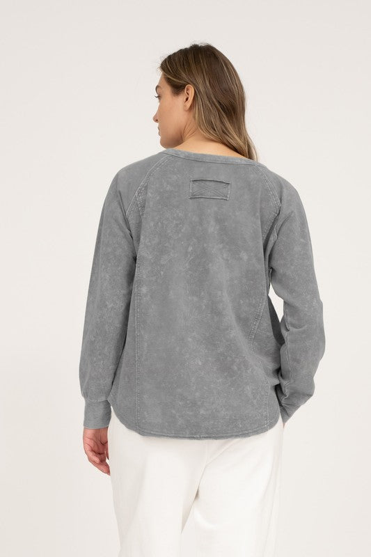 Washed Henley Raglan Long Sleeve Knit Top