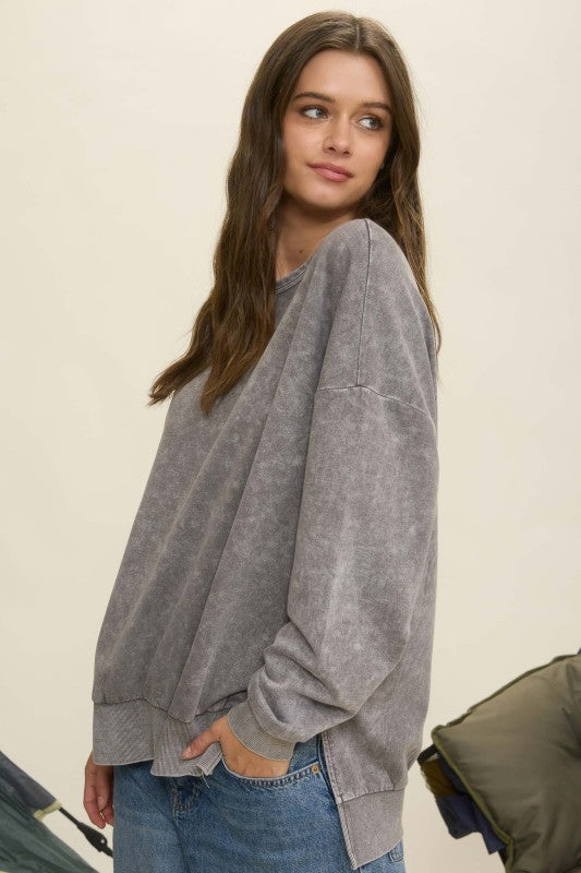 Washed Side Split Long Sleeve Knit Top