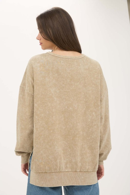 Washed Side Split Long Sleeve Knit Top